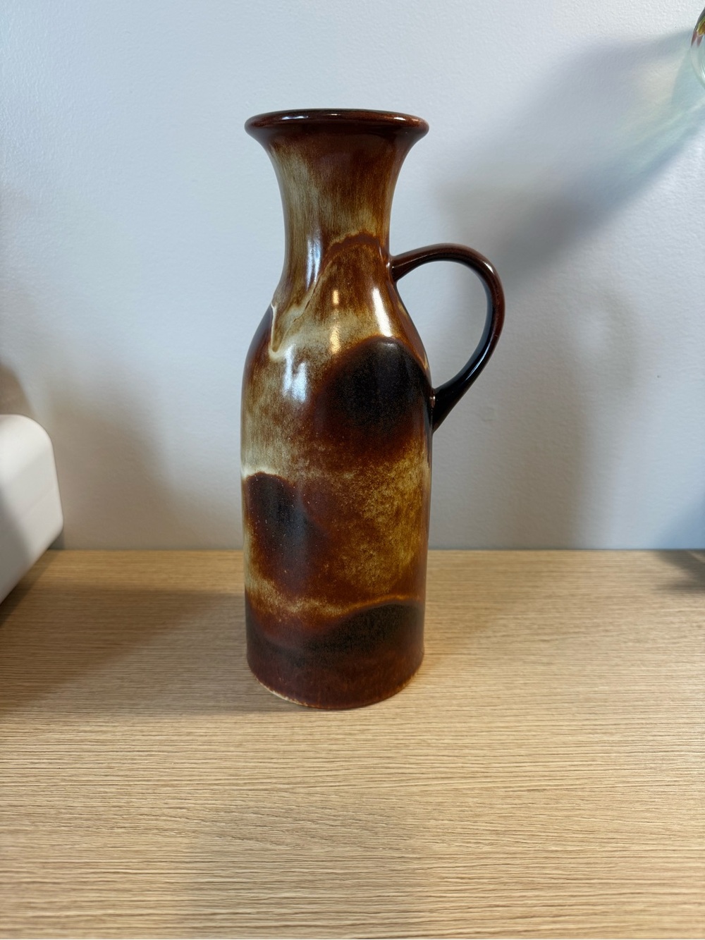 Handcrafted West Germany Brown Glazed Ceramic Vase with Handle